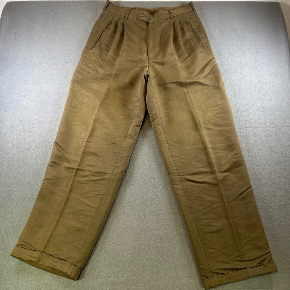 J. Ferrar Mens Pleated Dress Pants Olive Brown Khaki Cuffed Straight Leg 30x31